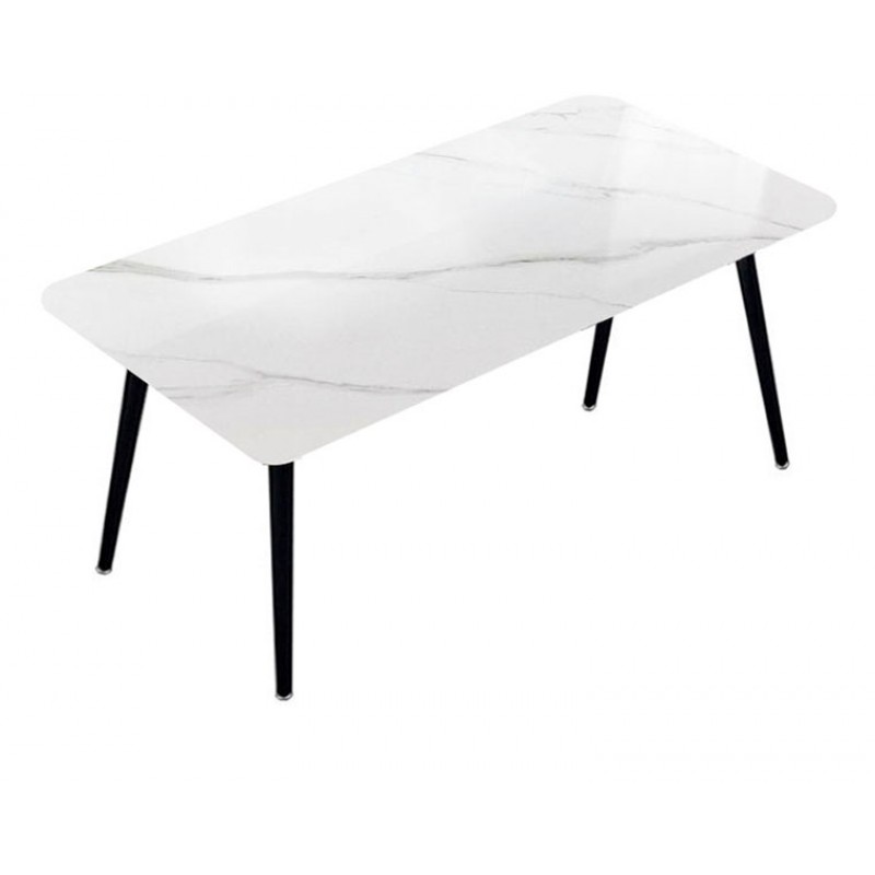 Mesa Marfil, Tablero efecto marmolizado blanco, patas negras con remates dorados