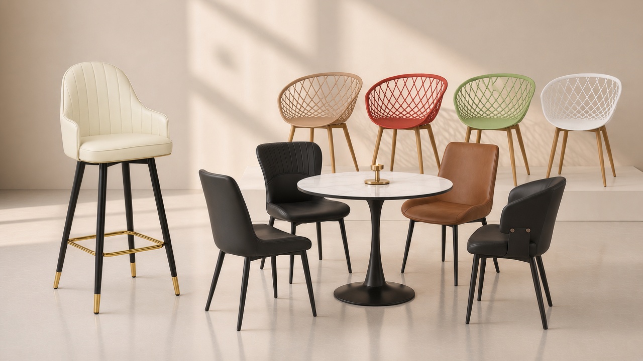 Conjunto de mesa, banco y sillas de la colección 2026 en un estudio con luz cálida